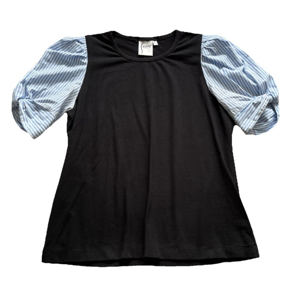 FINLEY Black Top with Striped Puff Sleeves Size Small Pretty Feminine Elevated